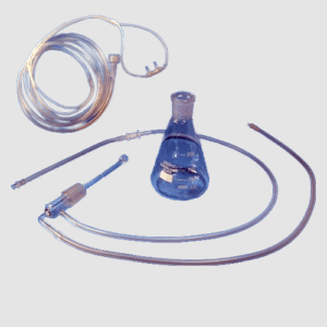 Breathing though ozonated olive oil device includes flask 250ml for olive oil, ozone gas diffuser and cannula