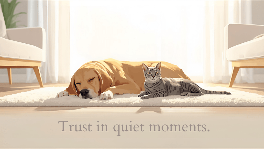 Dog & CAt laying together in in front of window with sunshine
