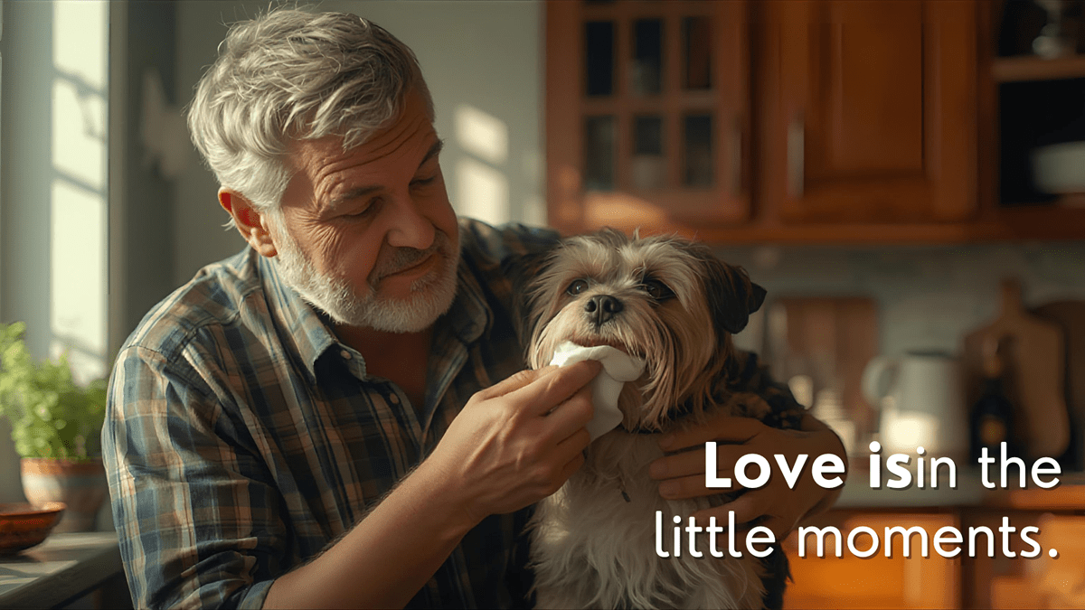 Man cleaning his dogs teeth